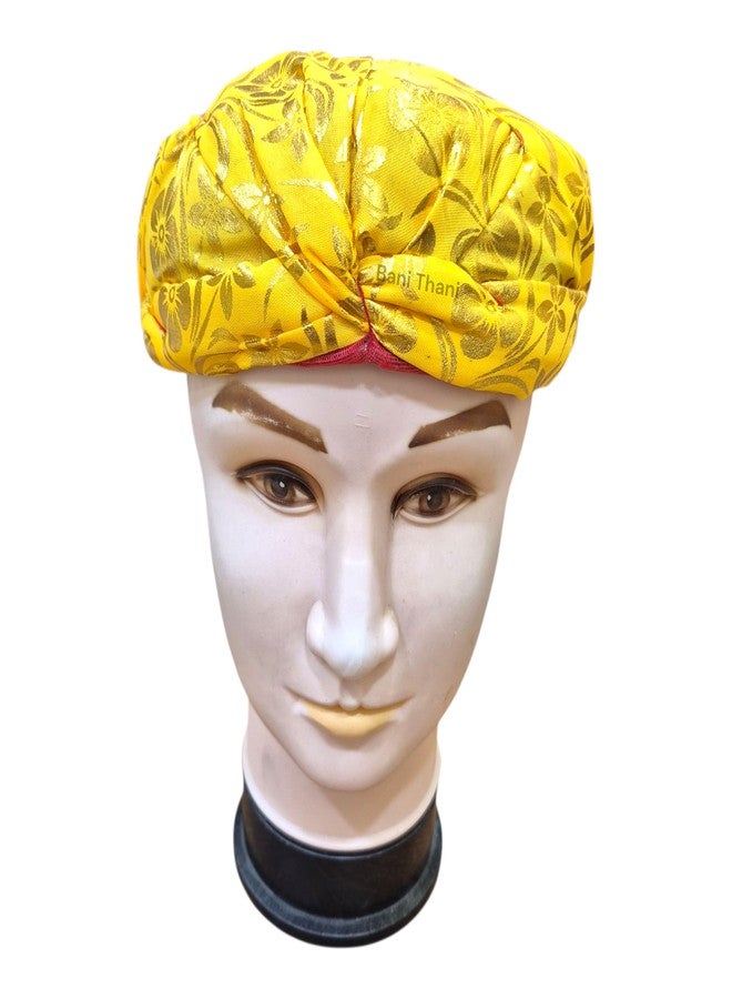 BANI THANI® Rajasthani Cotton Pagdi for Men's & Women's Traditional Round Turban for Any Party Events or Festival, Yellow Pagdi with Golden Print, Freesize (Yellow Foil Topi) - Image 2